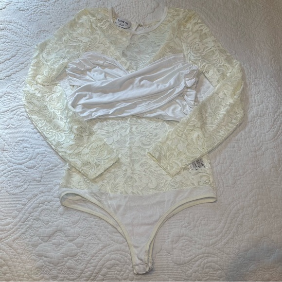 Bebe White Lace Sheer Long Sleeve Bodysuit. Size: Medium. - Picture 1 of 7